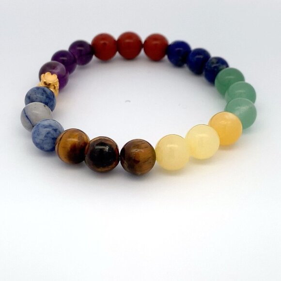24K Gold Money Bag Lucky Charm Bracelet Gemstones Natural Rainbow Chakra Size 6" - Picture 2 of 9